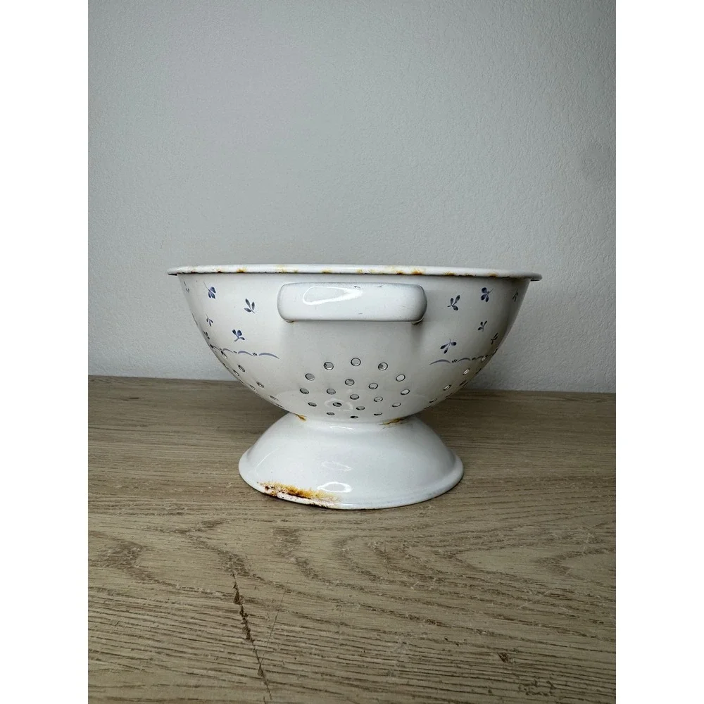 Vintage Floral Enamel Colander White Footed‎ Strainer Farmhouse Cottage 9.5 Inch